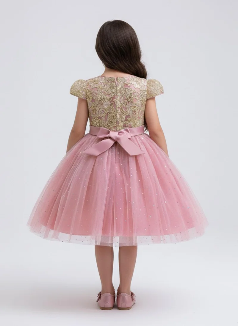 بيبي كلو Girls Pink Glitter Tulle Bow Party Dress
